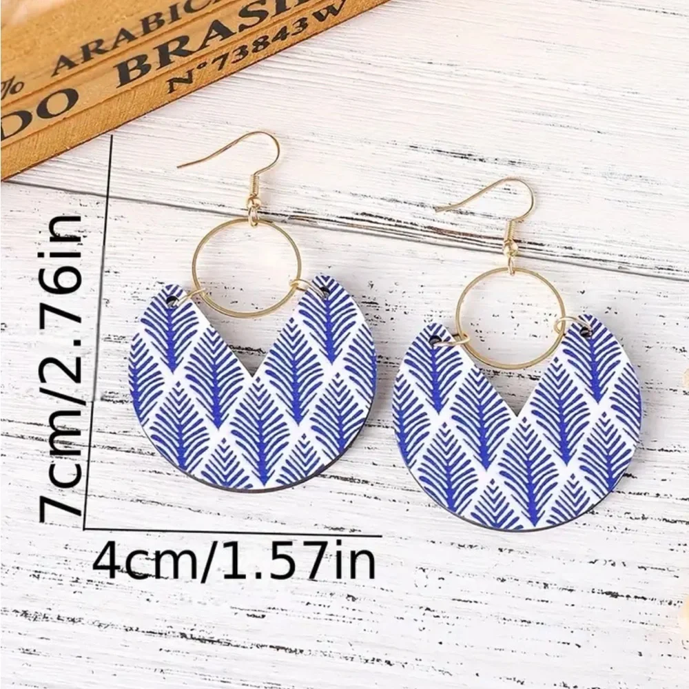 Blue Leaf Pattern Wood Dangle Earrings - Picture 2 of 2